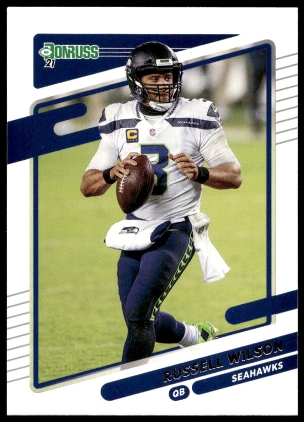 Russell Wilson Donruss 2021 Card #28 Front - Seattle Seahawks Mid-Action Photo.