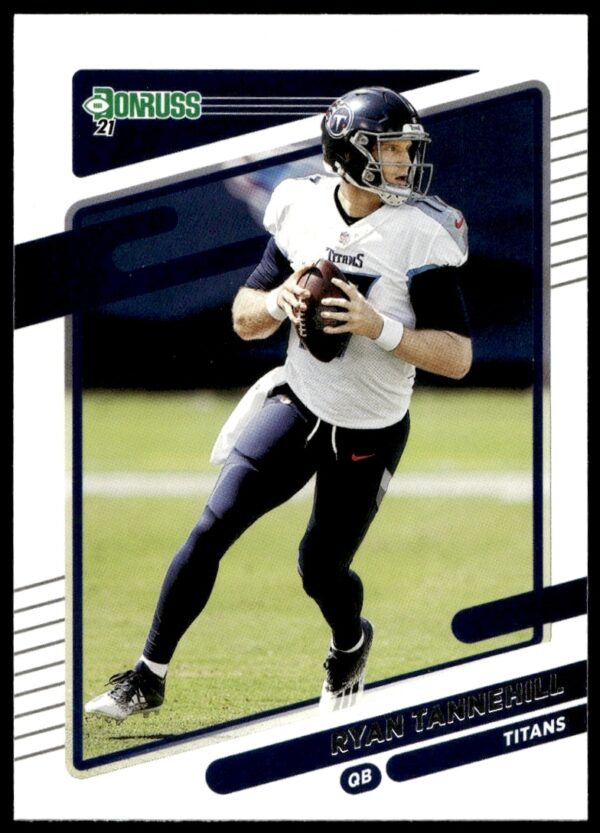 2021 Donruss Ryan Tannehill trading card front, Tennessee Titans quarterback action pose.