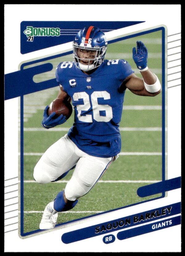 Saquon Barkley in action on 2021 Donruss card #79, wearing New York Giants uniform.