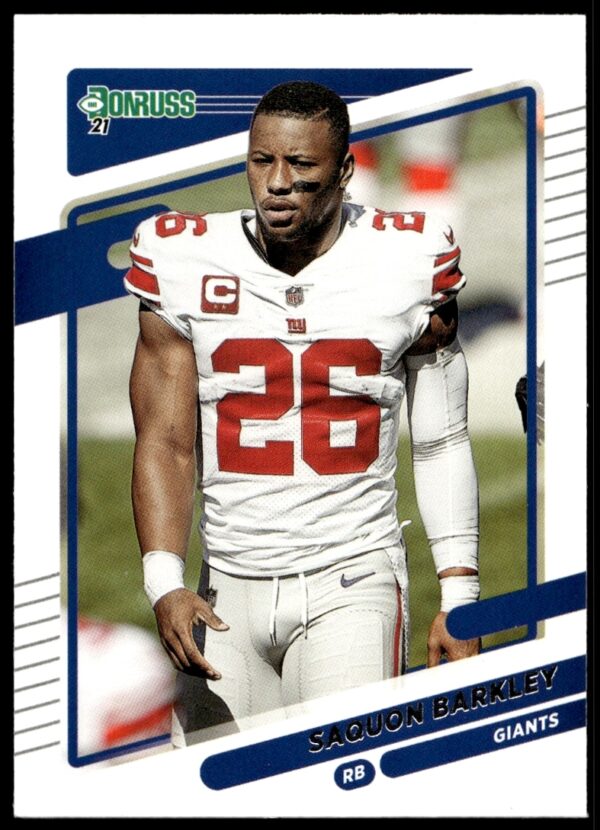 Saquon Barkley 2021 Donruss Card #79 Featuring No Helmet, Showcasing Athletic Skill.