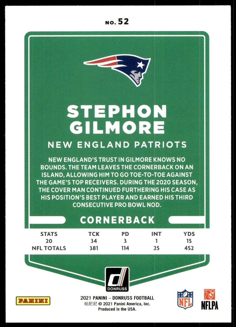 Back of 2021 Donruss Stephon Gilmore trading card, showcasing stats and team details.