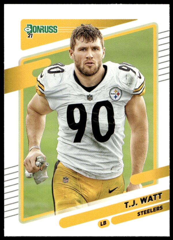 T.J. Watt 2021 Donruss football card #22 without helmet, front view.