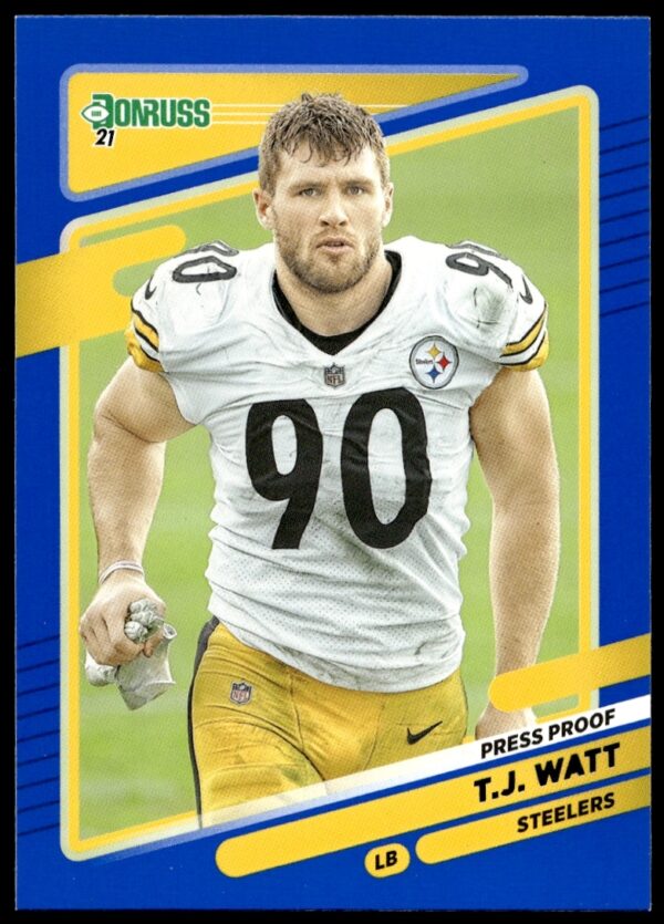 T.J. Watt 2021 Donruss Press Proof Blue Card #22, NFL linebacker action shot.