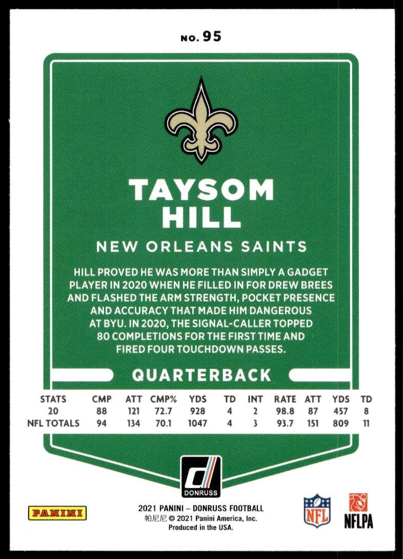 Taysom Hill 2021 Donruss Card Back #95, No Helmet, New Orleans Saints Highlights.