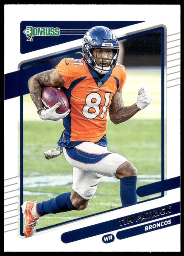 Tim Patrick 2021 Donruss football card showing him in action for the Denver Broncos.