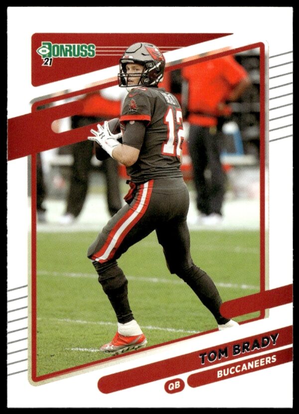 Front of 2021 Donruss trading card with Tom Brady in Patriots uniform.