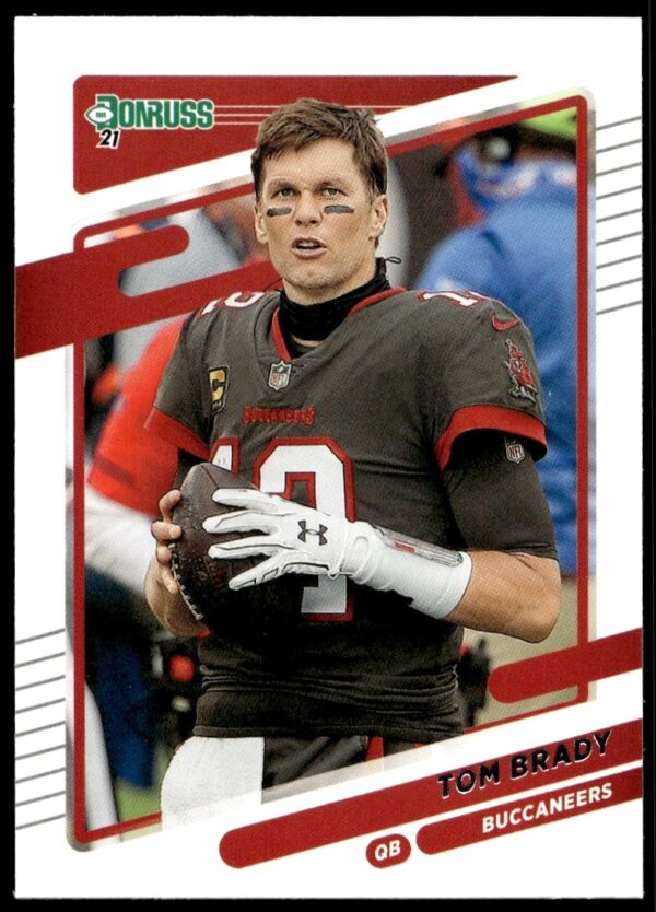 Tom Brady 2021 Donruss card showcasing him helmetless in Buccaneers uniform (front).