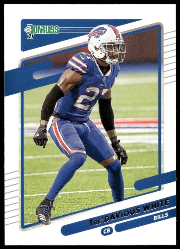 2021 Donruss TreDavious White football card featuring Buffalo Bills cornerback in action.