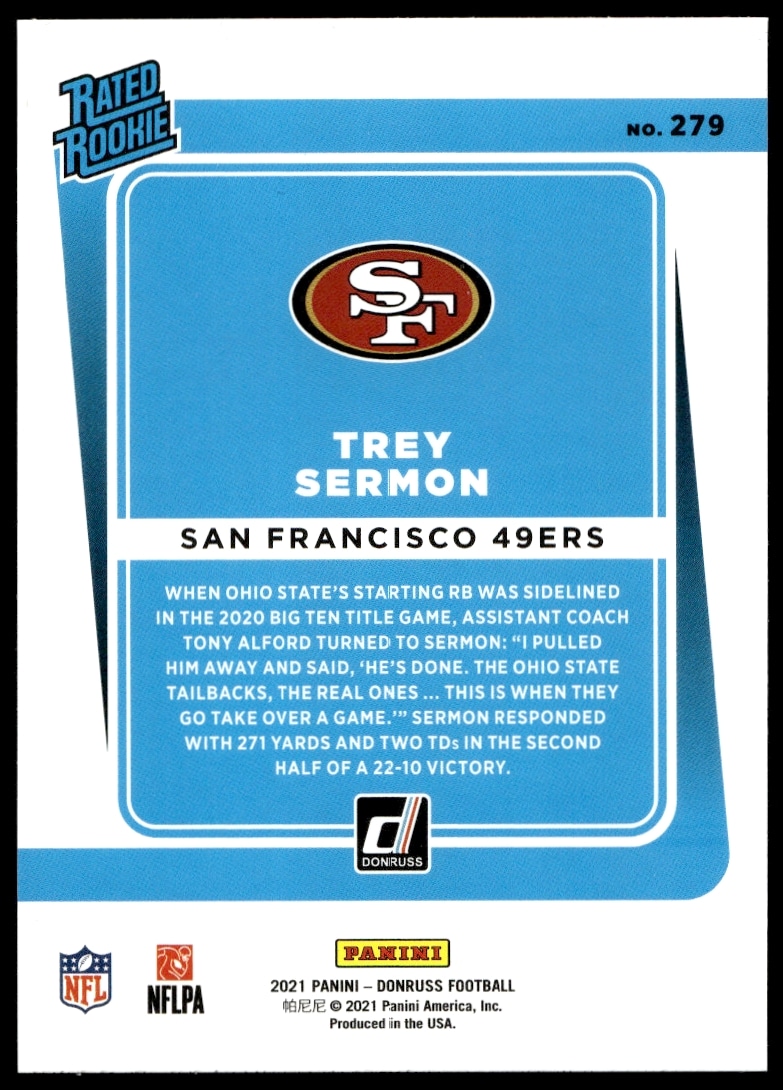 Back of 2021 Donruss Trey Sermon Card #279, featuring player stats and career highlights.