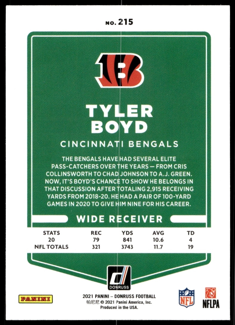 Back of Tyler Boyds 2021 Donruss Card #215 with stats and career highlights.