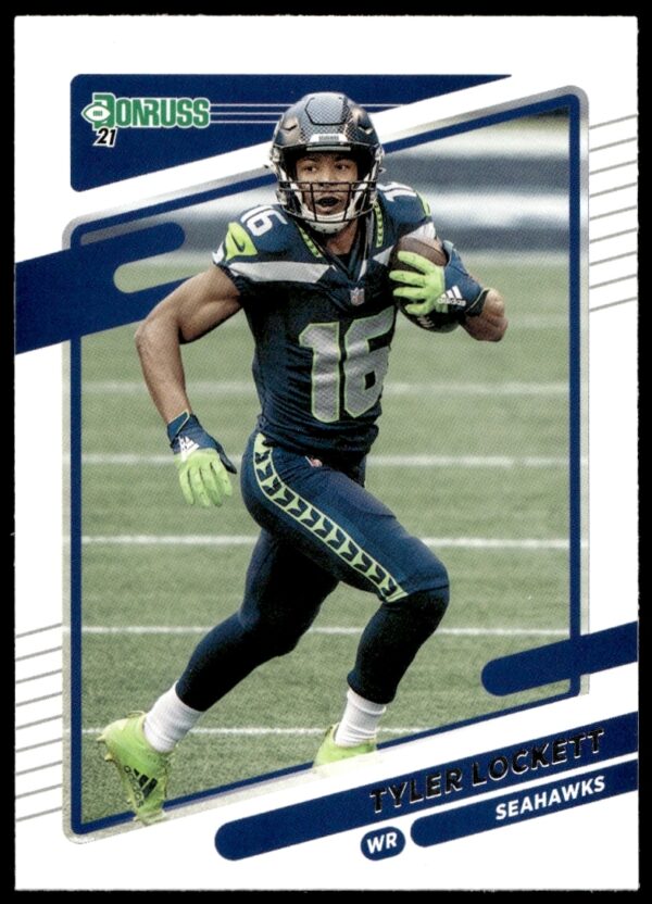 Tyler Lockett 2021 Donruss card front: Seahawks action shot, vibrant colors, player details.