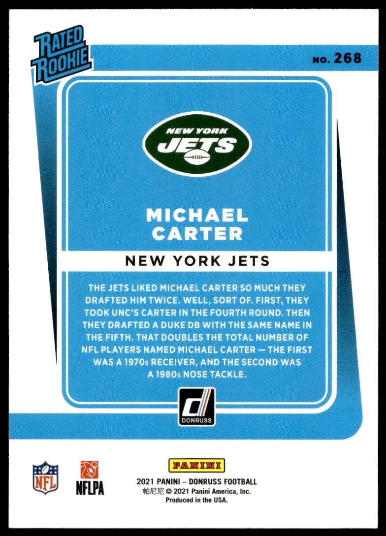Back of 2021 Panini Absolute Michael Carter card with stats and career highlights.