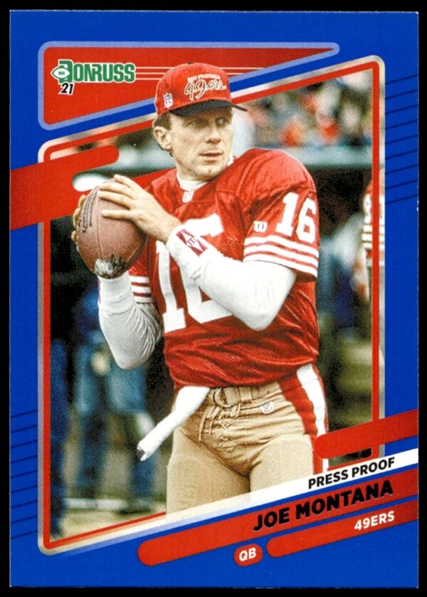 Front of 2021 Blue Press Proof Joe Montana Card #57 by Panini Donruss.