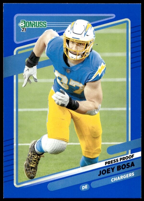 Joey Bosa 2021 Blue Donruss Press Proof NFL Card #75, collectible front view.