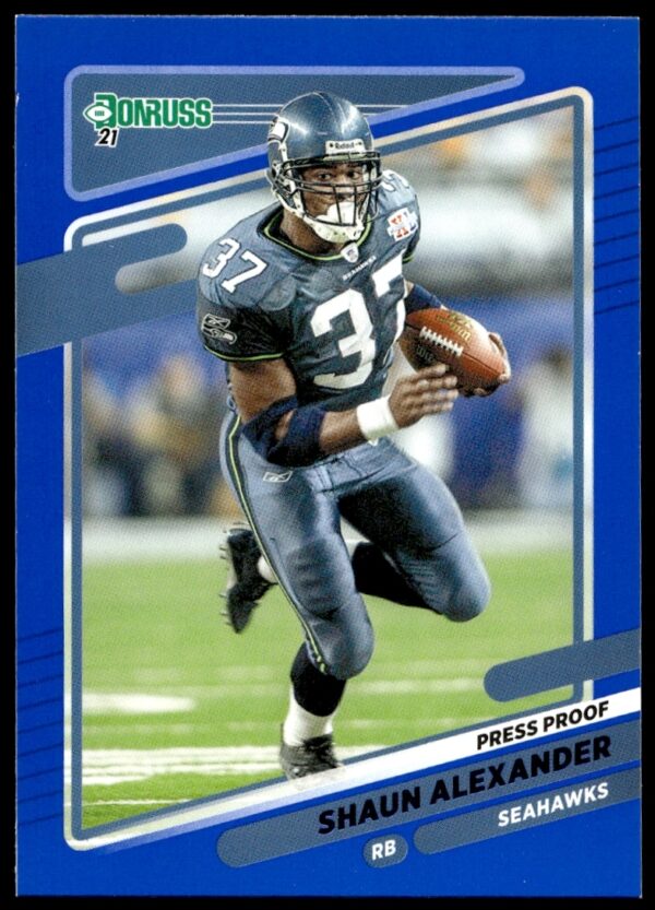 Shaun Alexander 2021 Blue Donruss Press Proof football card, showcasing vibrant blue borders.