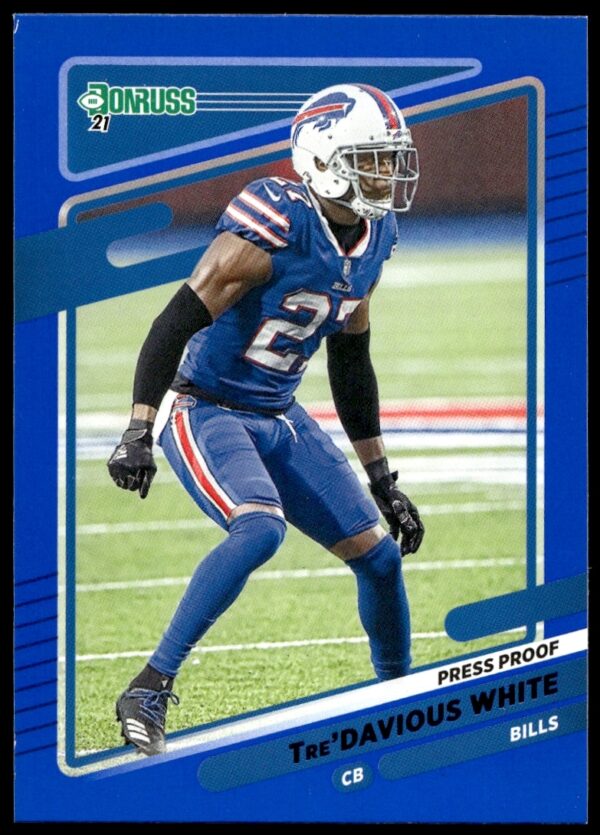 TreDavious White 2021 Donruss Blue Press Proof Card #228, front view, dynamic football pose.