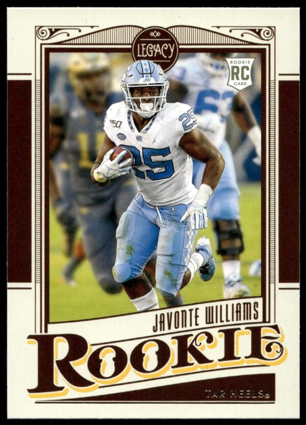 Javonte Williams 2021 Panini Legacy Card #166 features action photo and NFL player stats.