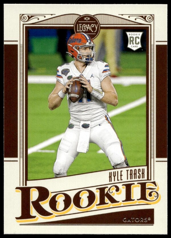 Kyle Trask 2021 Panini Legacy trading card #146 (front), highlighting football stats and action.