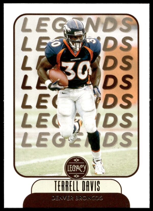 2021 Panini Legacy Terrell Davis Broncos card #118, highlighting dynamic athleticism and vibrant design.