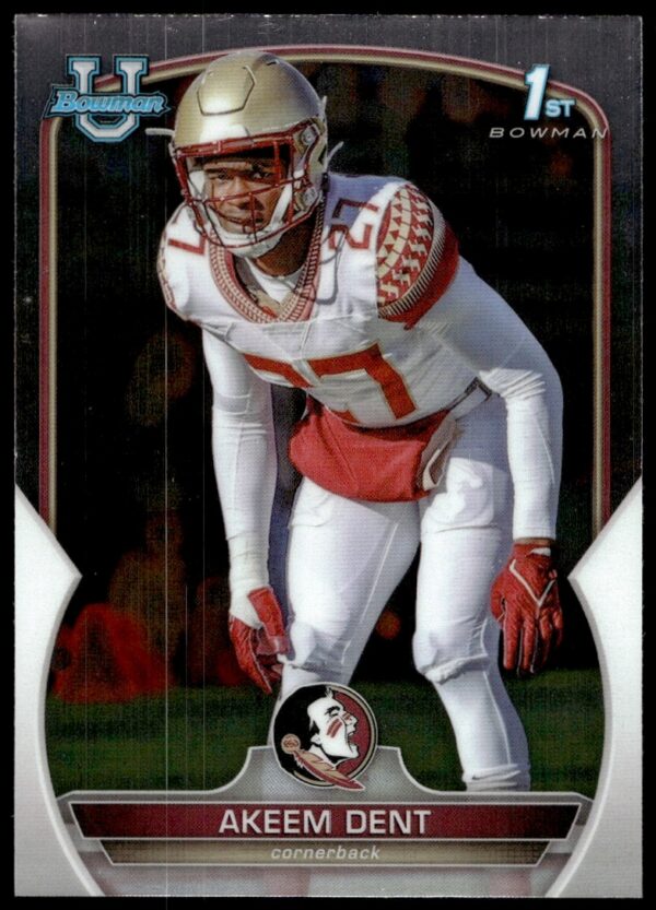 Akeem Dent 2022 Bowman Chrome Card #13: Dynamic pose, glossy finish, premium design.