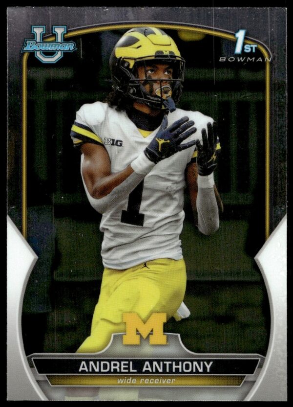 Front view of 2022 Bowman Chrome Card featuring athlete Andrel Anthony in collegiate action.