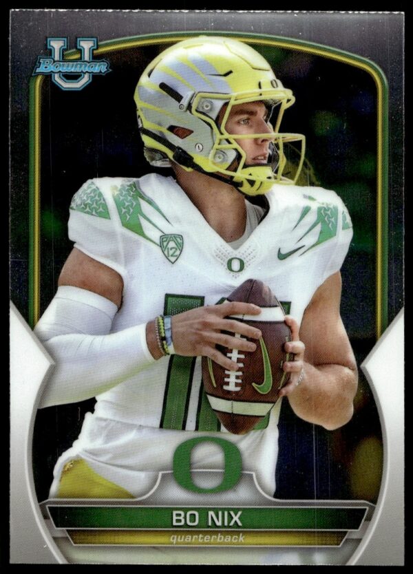Front view of 2022 Bowman University Chrome card, Bo Nix #61 in college football gear.