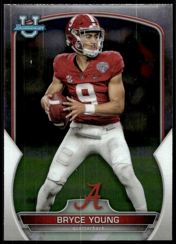 Bryce Young 2022 Bowman Chrome University trading card, showcasing dynamic football action.