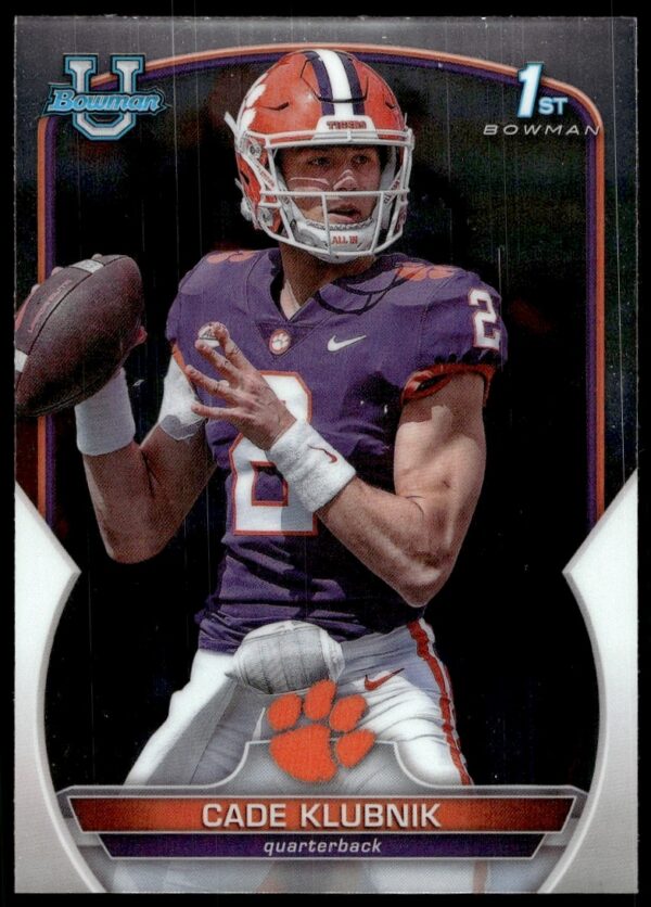Front of 2022 Bowman Chrome football card featuring Cade Klubnik, card #42.