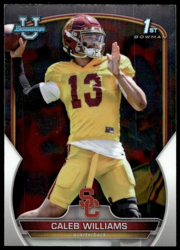 Caleb Williams 2022 Bowman University Chrome Card #50, featuring dynamic action pose and glossy finish.