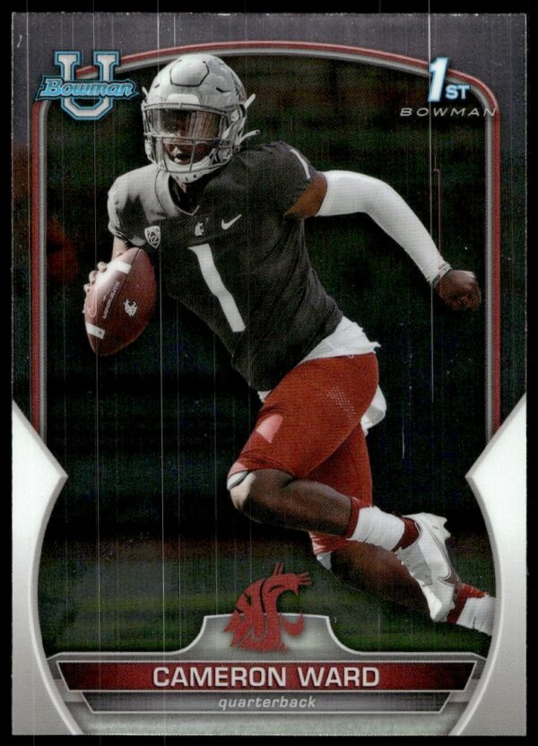 Front view of 2022 Bowman University Chrome card featuring Cameron Ward, card #34.