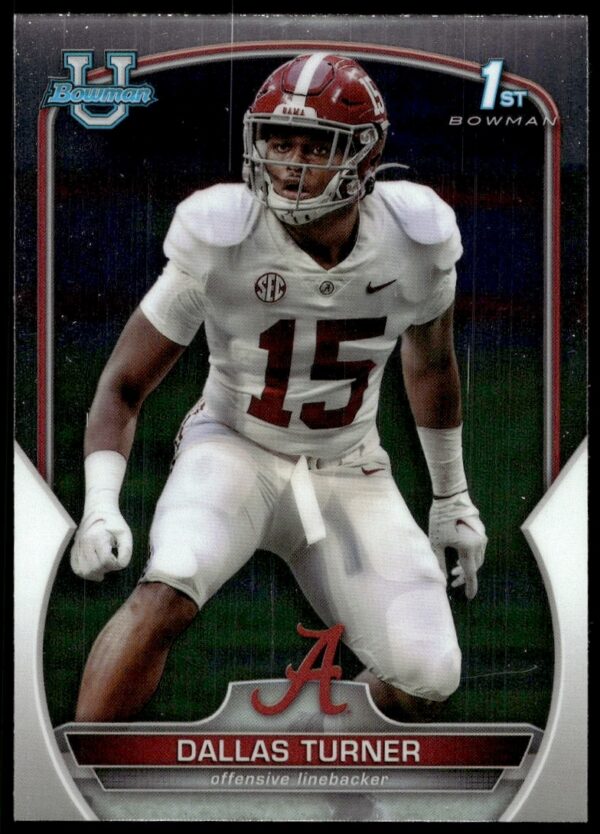 Bowman Chrome 2022 Dallas Turner Card #6 Front Football Action Shot with Stats.