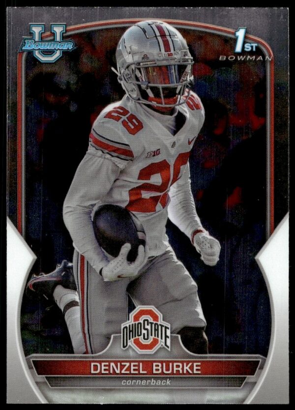 Denzel Burke 2022 Bowman University Chrome Card #25 in college football uniform, front side.