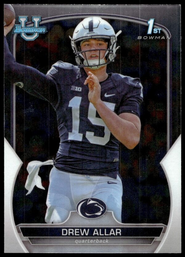 Drew Allar 2022 Bowman University Chrome collectible card #59 shows player portrait and team colors.