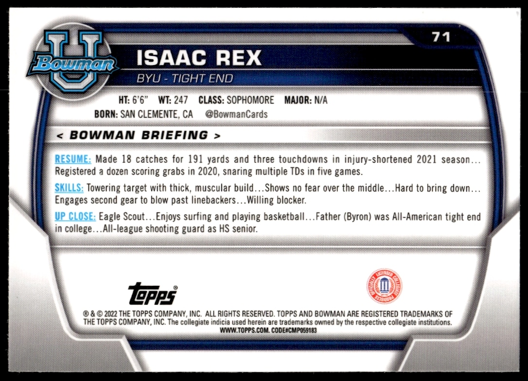 Back of 2022 Bowman University Chrome card with Isaac Rexs stats and information.