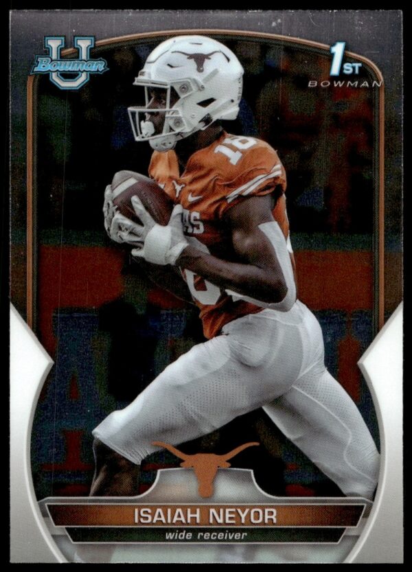 Isaiah Neyor 2022 Bowman Chrome Card #56, vibrant colors, athletic pose, sports collectors item.