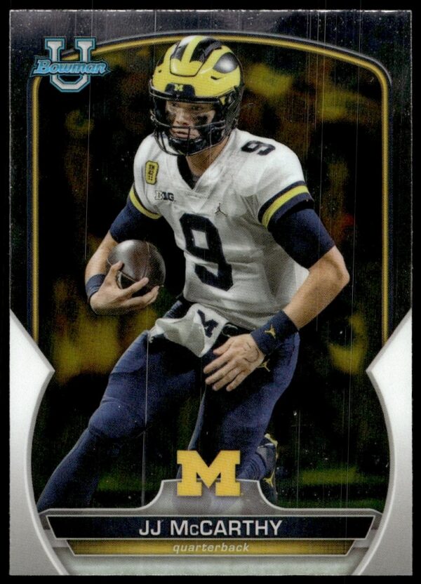 Front of 2022 Bowman University Chrome trading card, JJ McCarthy, card #48.