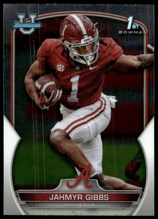Jahmyr Gibbs 2022 Bowman University Chrome Football Card #82 showcasing athletic excellence.
