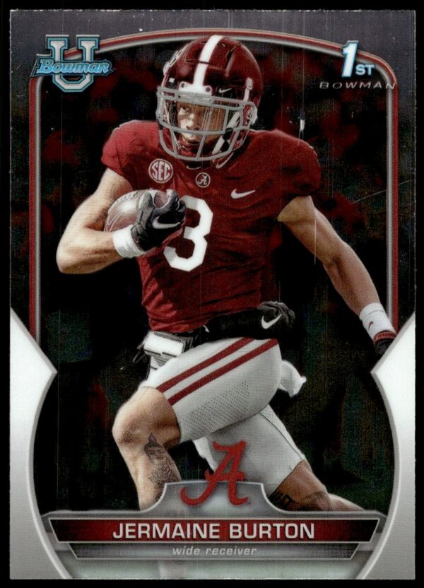 Jermaine Burton 2022 Bowman Chrome University Card #62, front view, showcasing dynamic action pose.