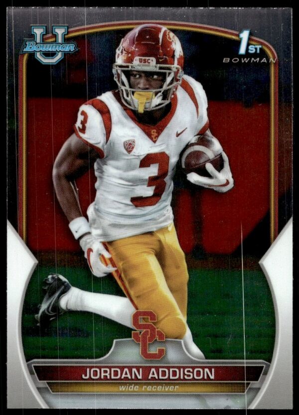 Jordan Addison 2022 Bowman Chrome Card, University Edition, Front View, Card #36.