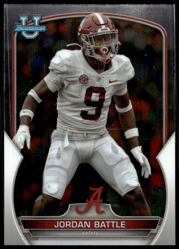 Front view of 2022 Bowman Chrome Jordan Battle football card, numbered #27.