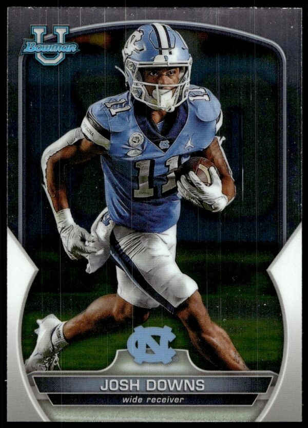 2022 Bowman Chrome trading card featuring athlete Josh Downs in action, number 30, front view.