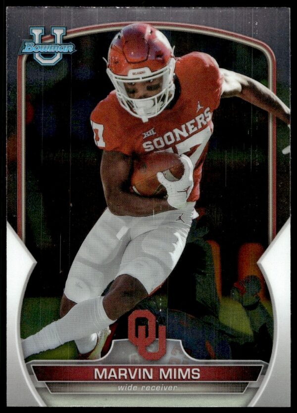 Front of Marvin Mims 2022 Bowman University Chrome card, capturing action in football uniform.