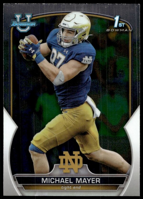 Front view of Michael Mayer 2022 Bowman University Chrome Card #41, highlighting vibrant design.
