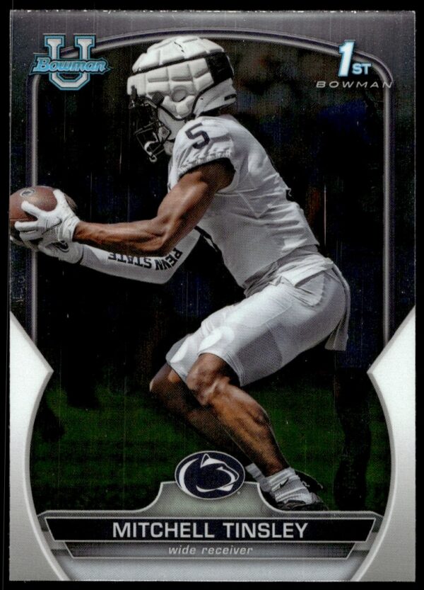 Mitchell Tinsley 2022 Bowman Chrome trading card #72, showcasing dynamic football action.