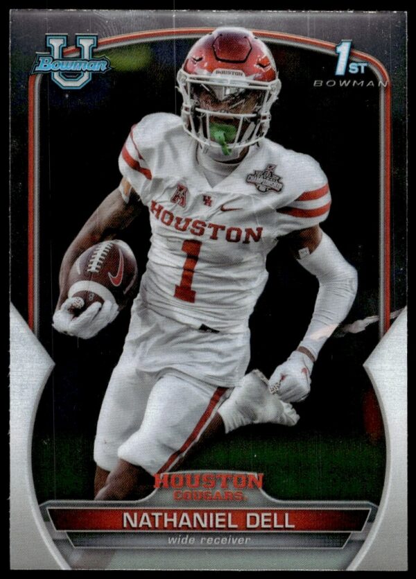 Nathaniel Dell 2022 Bowman Chrome University Card #49, athlete in football uniform against dynamic backdrop.