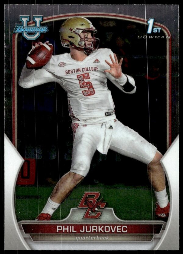 Phil Jurkovec in 2022 Bowman Chrome Card #35, dynamic college football action shot.