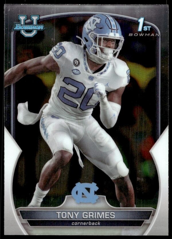 2022 Bowman University Chrome Tony Grimes Card #75 featuring vibrant football portrait.