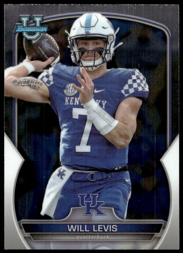 Will Levis 2022 Bowman University Chrome Card #5, featuring dynamic college football pose.
