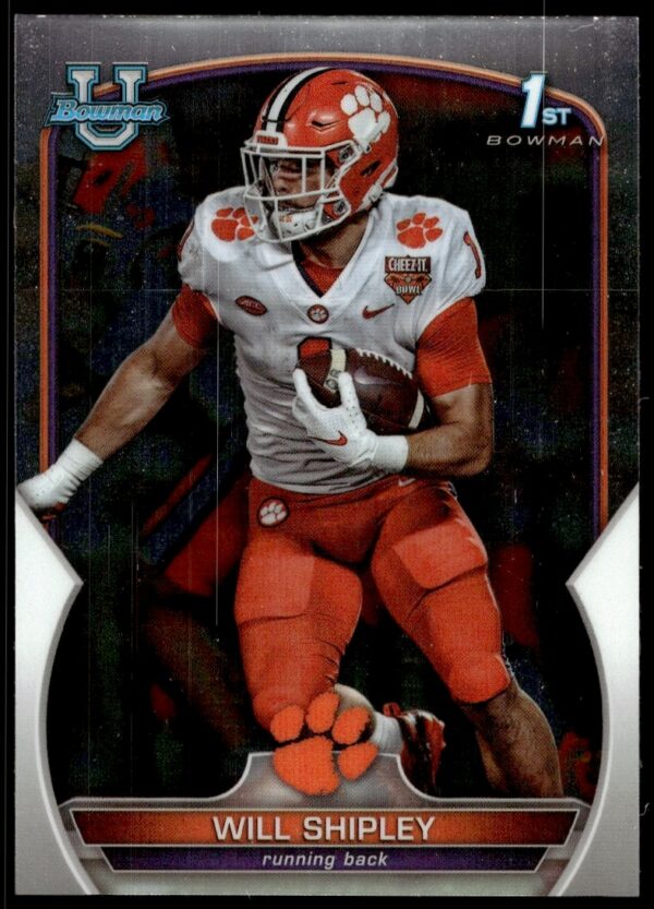 Will Shipley 2022 Bowman University Chrome Card #73, front view, athletic action shot.
