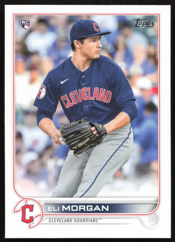 Eli Morgan 2022 Topps Series 1 Rookie Card #217, Cleveland Guardians pitcher in action.